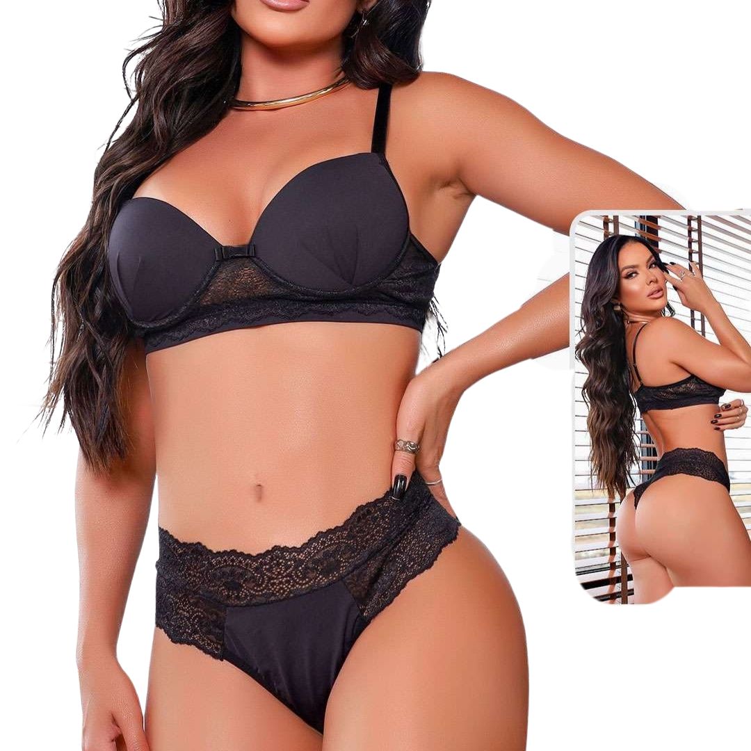 Conjunto Lingerie Preto Renda Brenda Ref.0214274