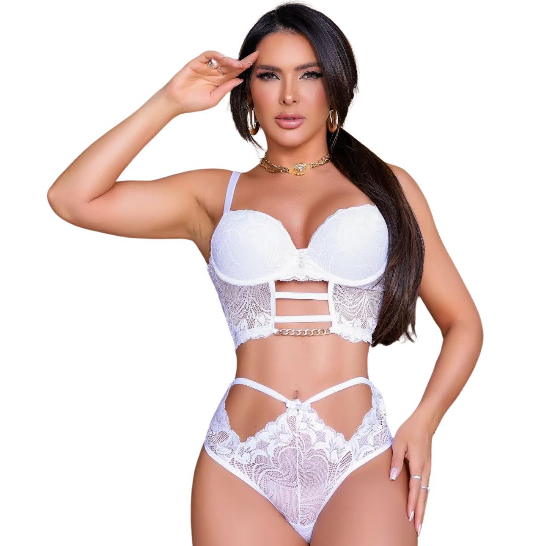 Conjunto Lingerie Sexy Branco Emanuelle | Lizlu Modas Conjunto Lingerie Sexy Branco Emanuelle | Lizlu Modas