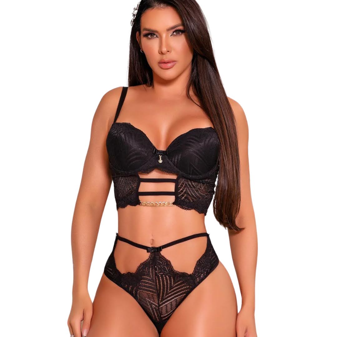 Conjunto Lingerie Sexy Preto Emanuelle | Lizlu Modas