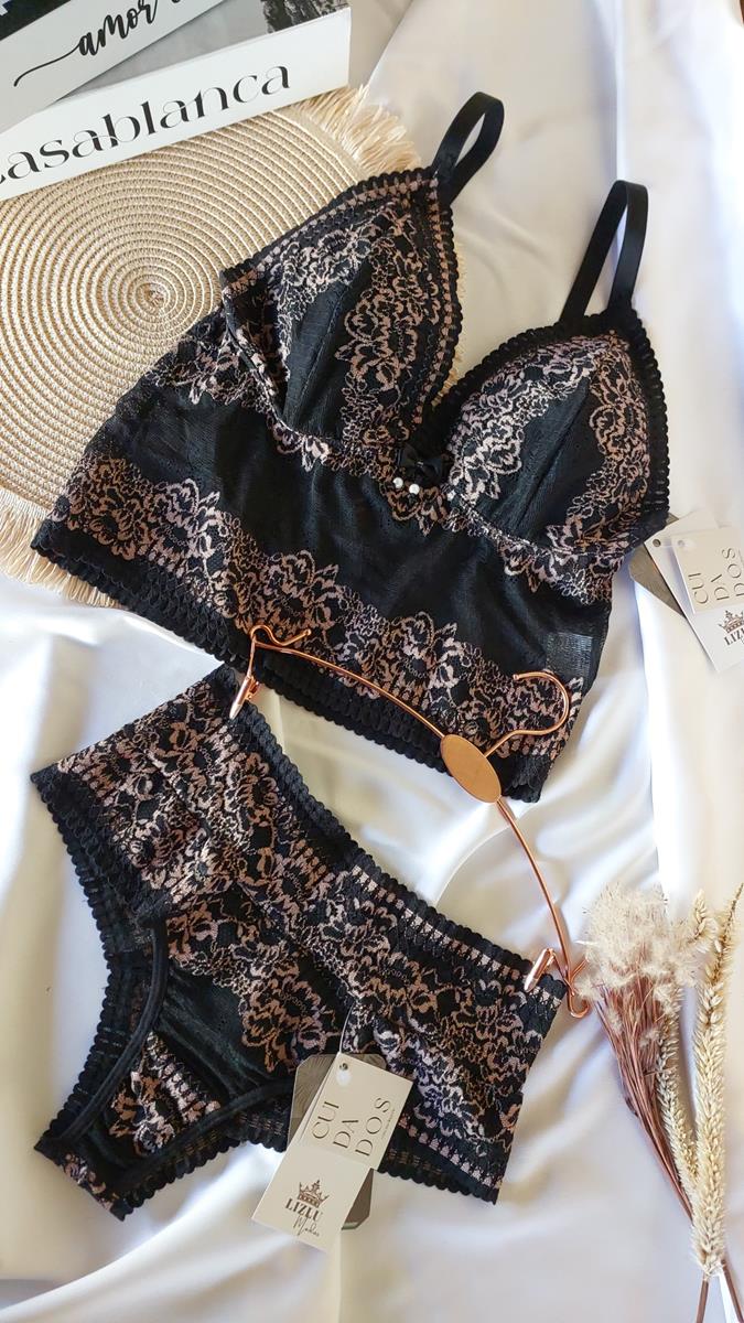 Conjunto Lingerie Cropped Liz Renda Bicolor Preto