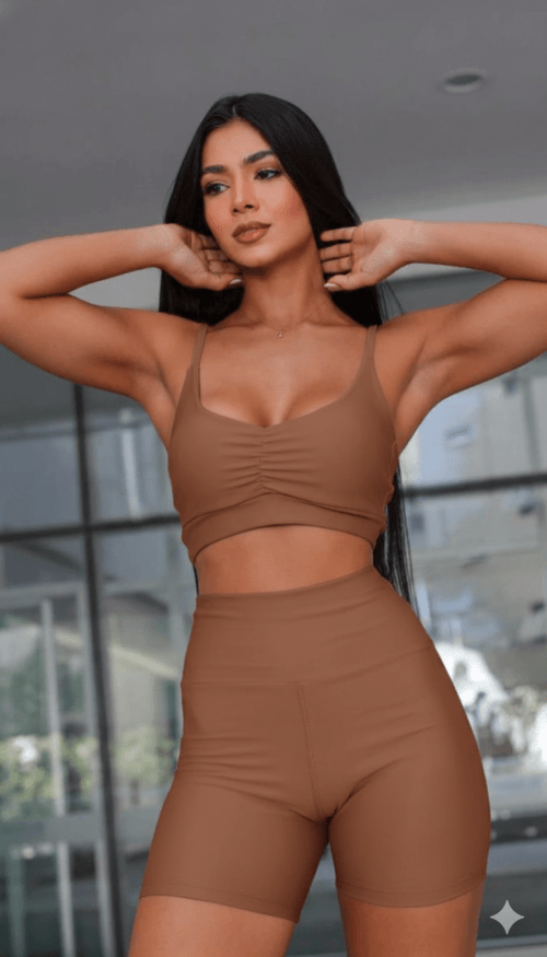 Conjunto Fitness Short Marrom Claro Jade