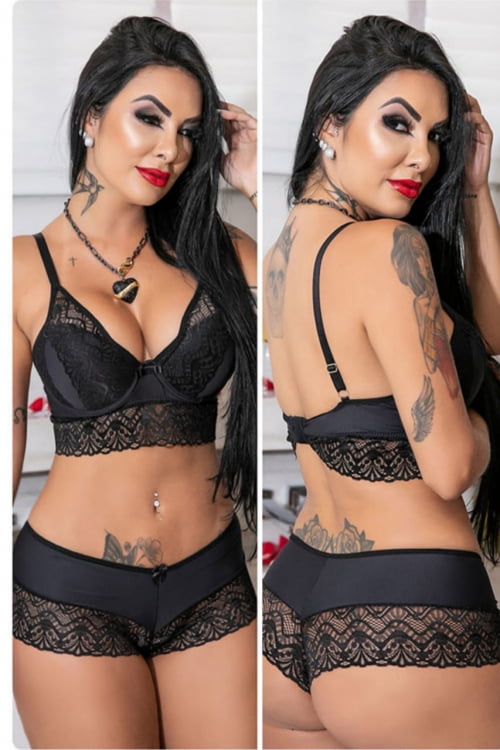 Conjunto Lingerie Preto Renda e Lycra Caleçon Ref.0059065