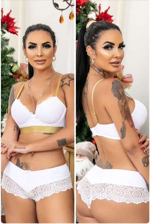 Conjunto Lingerie Renda Branco e Ouro Ref.0150065