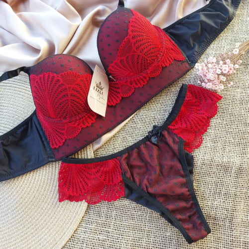 Conjunto Lingerie Renda Poá Vermelho e Preto Ref.0090065