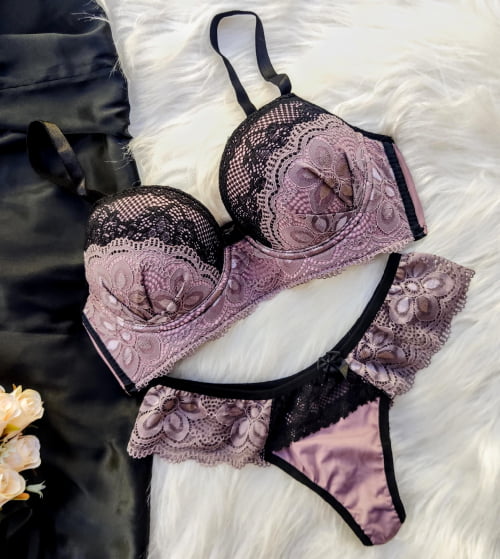 Conjunto Lingerie Renda Satin/Preto Ref.0169061