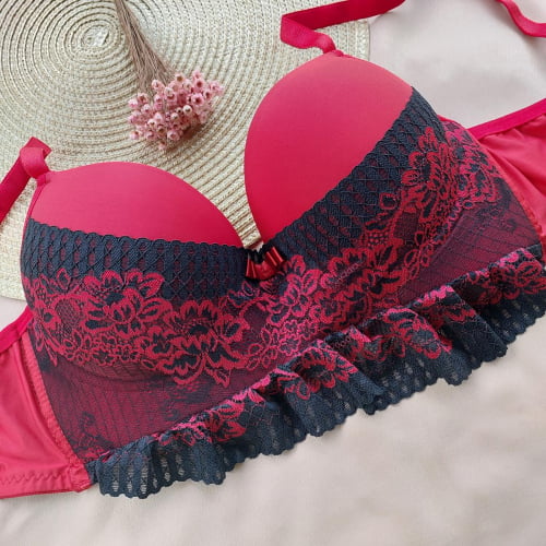 Conjunto Lingerie Renda Vermelho e Preto Ref.0089065