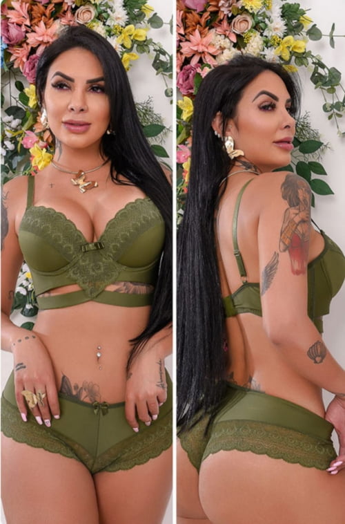 Conjunto Lingerie Verde Exército Renda Ref.0098065