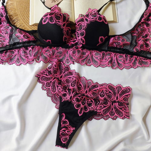 Conjunto Lingerie Preto/Rosa Eliane Ref.0216882