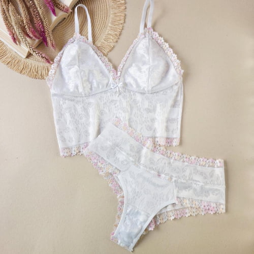 Conjunto Lingerie Renda Cropped Liz Branco Bicolor