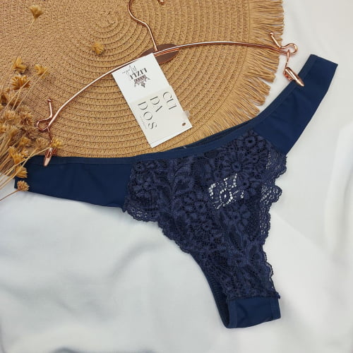 Conjunto Lingerie Cropped Renda Liz Azul Marinho