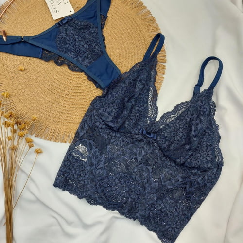 Conjunto Lingerie Cropped Renda Liz Azul Marinho