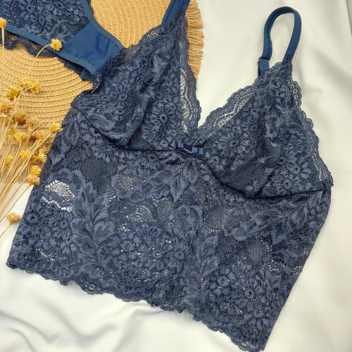 Conjunto Lingerie Cropped Renda Liz Azul Marinho