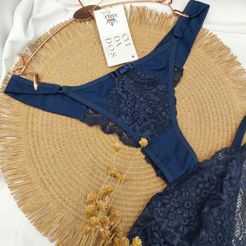 Conjunto Lingerie Cropped Renda Liz Azul Marinho