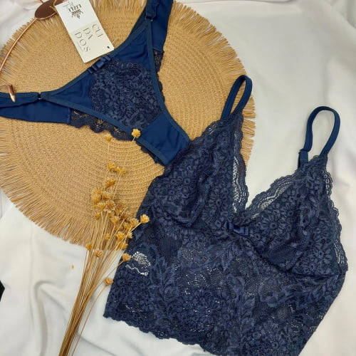 Conjunto Lingerie Cropped Renda Liz Azul Marinho