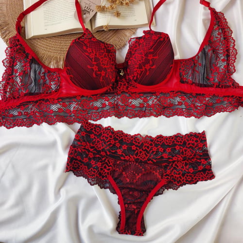 Conjunto Lingerie Renda Vermelho Eliane Ref.0216882