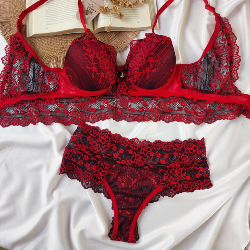 Conjunto Lingerie Renda Vermelho Eliane Ref.0216882