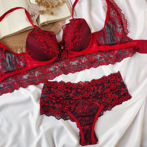 Conjunto Lingerie Renda Vermelho Eliane Ref.0216882