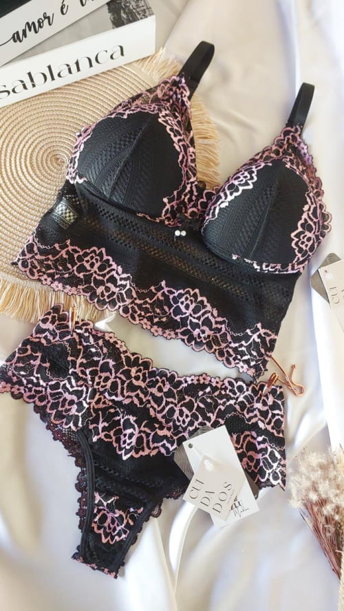 Conjunto Lingerie Cropped Liz Bojo Preto/Rosa