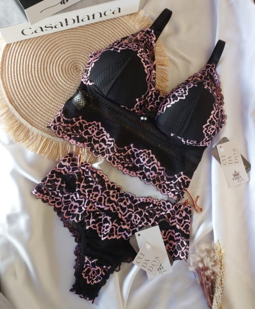 Conjunto Lingerie Cropped Liz Bojo Preto/Rosa