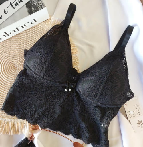 Conjunto Lingerie Cropped Liz Bojo Renda Preto
