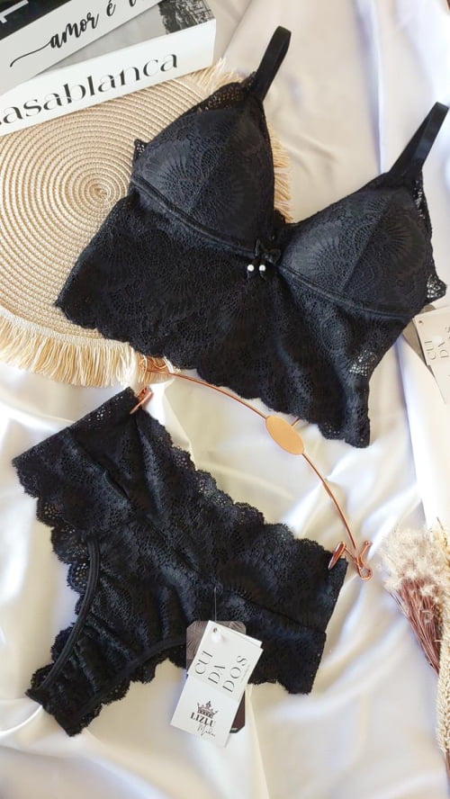 Conjunto Lingerie Cropped Liz Bojo Renda Preto