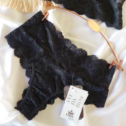 Conjunto Lingerie Cropped Liz Bojo Renda Preto