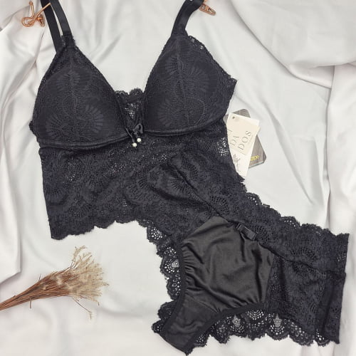 Conjunto Lingerie Cropped Liz Bojo Renda Preto