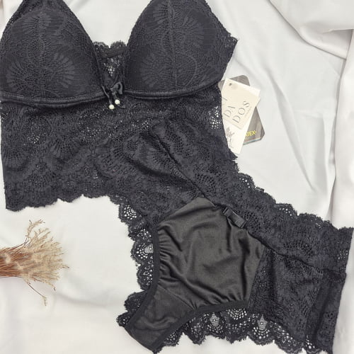 Conjunto Lingerie Cropped Liz Bojo Renda Preto
