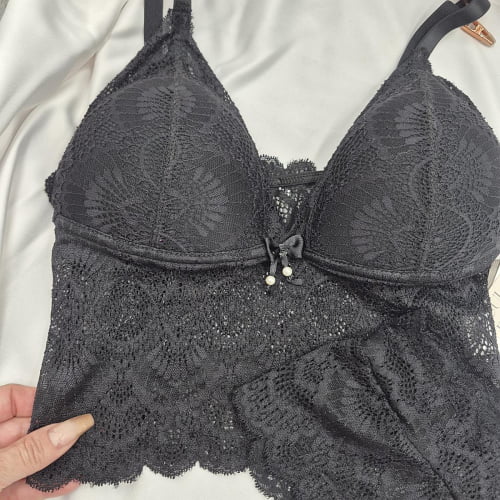 Conjunto Lingerie Cropped Liz Bojo Renda Preto