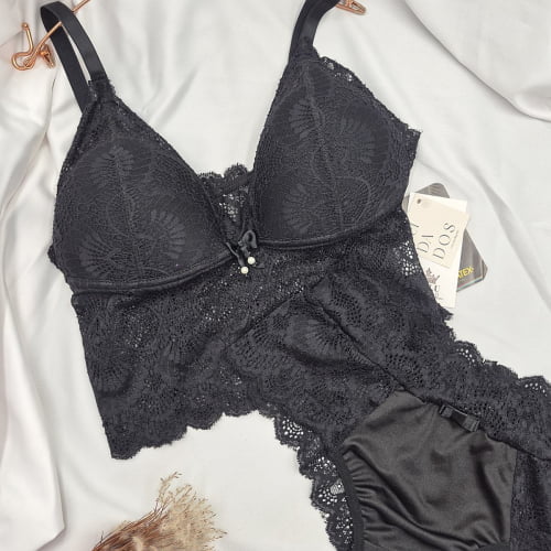 Conjunto Lingerie Cropped Liz Bojo Renda Preto