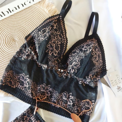 Conjunto Lingerie Cropped Liz Renda Bicolor Preto
