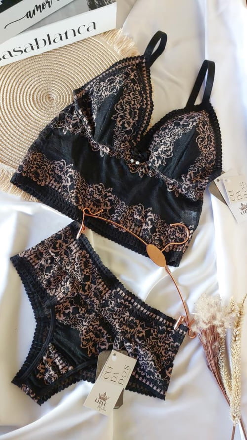 Conjunto Lingerie Cropped Liz Renda Bicolor Preto