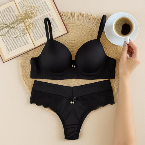 Conjunto Lingerie Micro e Renda Preto Dominiki