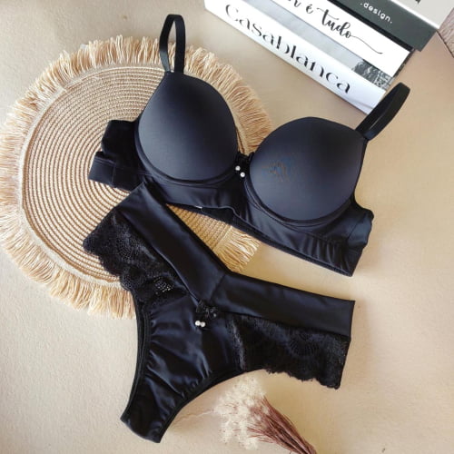 Conjunto Lingerie Micro e Renda Preto Dominiki