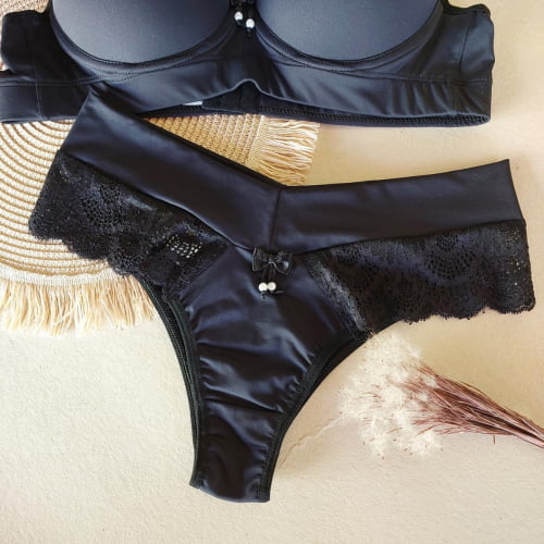 Conjunto Lingerie Micro e Renda Preto Dominiki