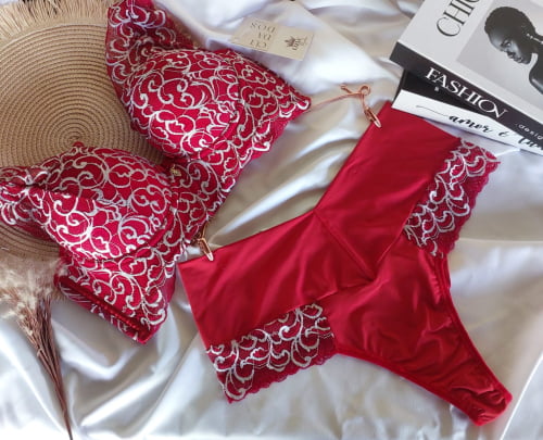 Conjunto Lingerie Renda Bicolor Vermelho Angelina