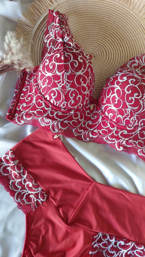 Conjunto Lingerie Renda Bicolor Vermelho Angelina
