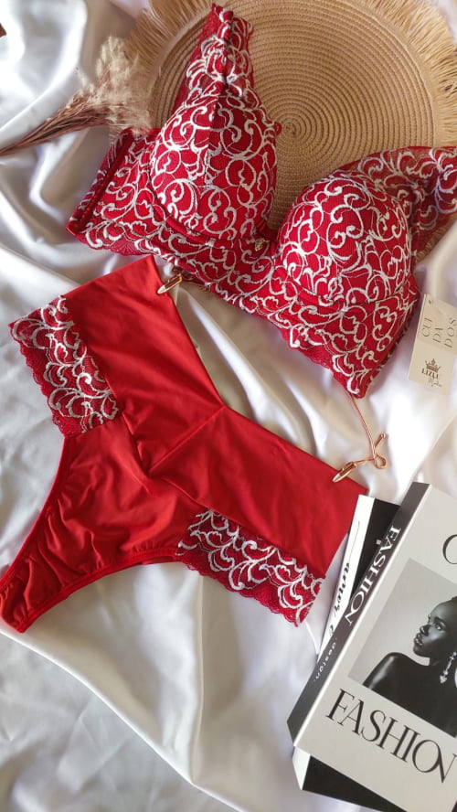 Conjunto Lingerie Renda Bicolor Vermelho Angelina