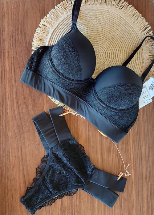 Conjunto Lingerie Renda Elástico Encapado Preto Rita Conjunto Lingerie Renda Elástico Encapado Preto Rita