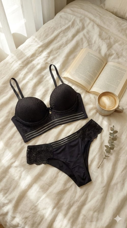 Conjunto Lingerie Renda Elástico Preto Maiara
