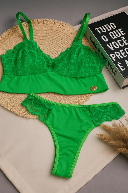 Conjunto Lingerie Renda Sem Bojo Herança Verde Bandeira