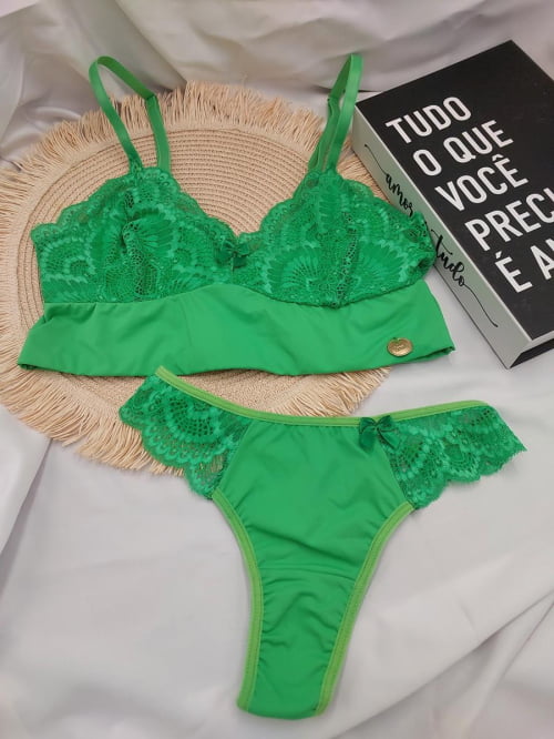 Conjunto Lingerie Renda Sem Bojo Herança Verde Bandeira