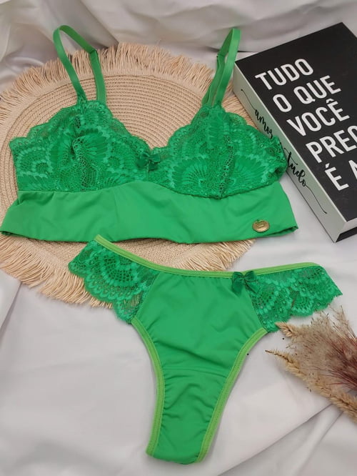 Conjunto Lingerie Renda Sem Bojo Herança Verde Bandeira