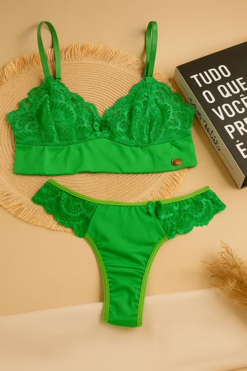Conjunto Lingerie Renda Sem Bojo Herança Verde Bandeira