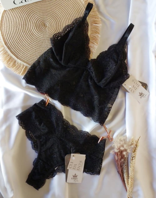 Conjunto Lingerie Cropped Renda Liz Preto Conjunto Lingerie Cropped Renda Liz Preto