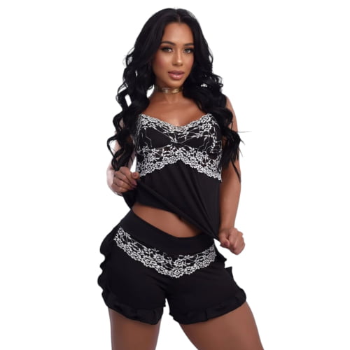 Baby Doll Conforto Babado Preto Renda Bicolor
