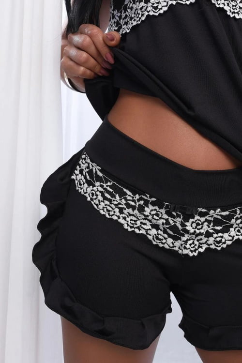 Baby Doll Conforto Babado Preto Renda Bicolor
