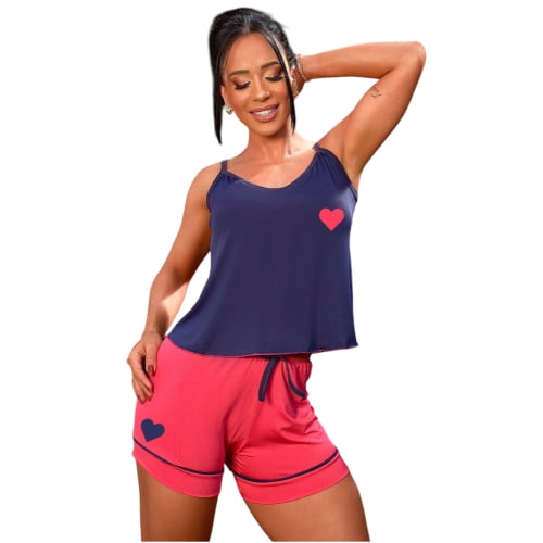 Pijama Conforto Verão Coração Azul/Rosa Pink