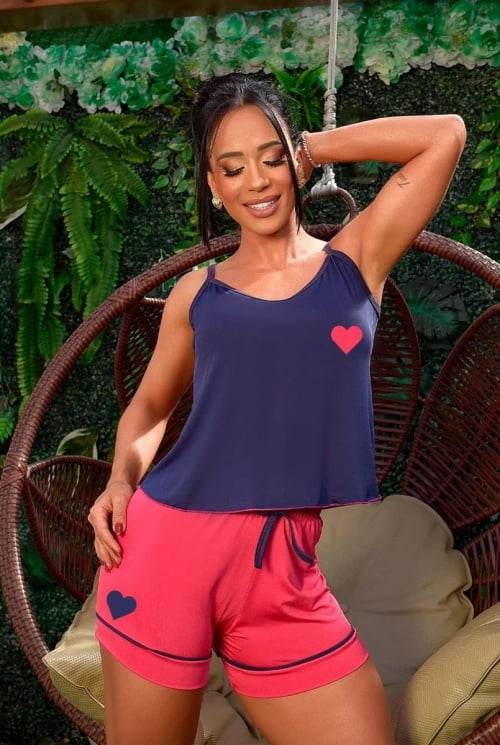 Pijama Conforto Verão Coração Azul/Rosa Pink