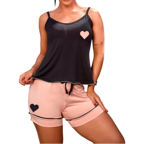 Pijama Conforto Verão Coração Preto/Romance
